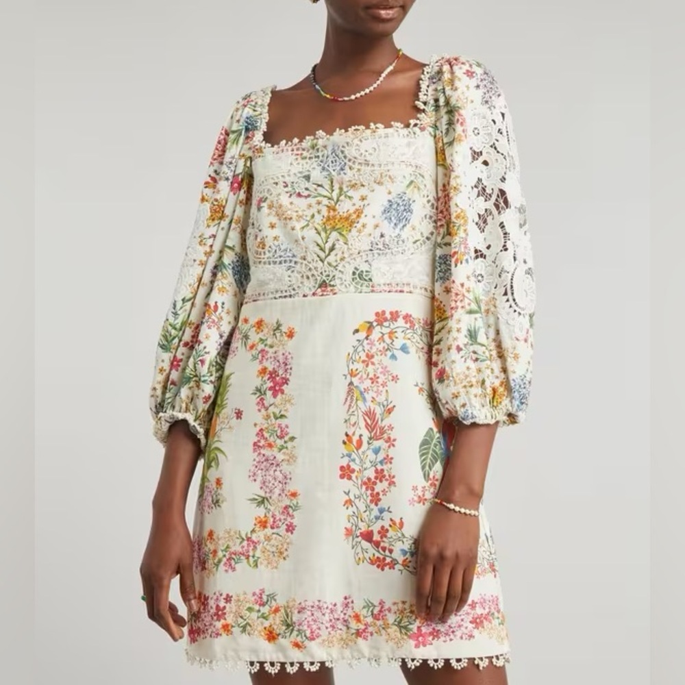 Farm Rio White Delicate Forest Floral Lace-Trim Dress